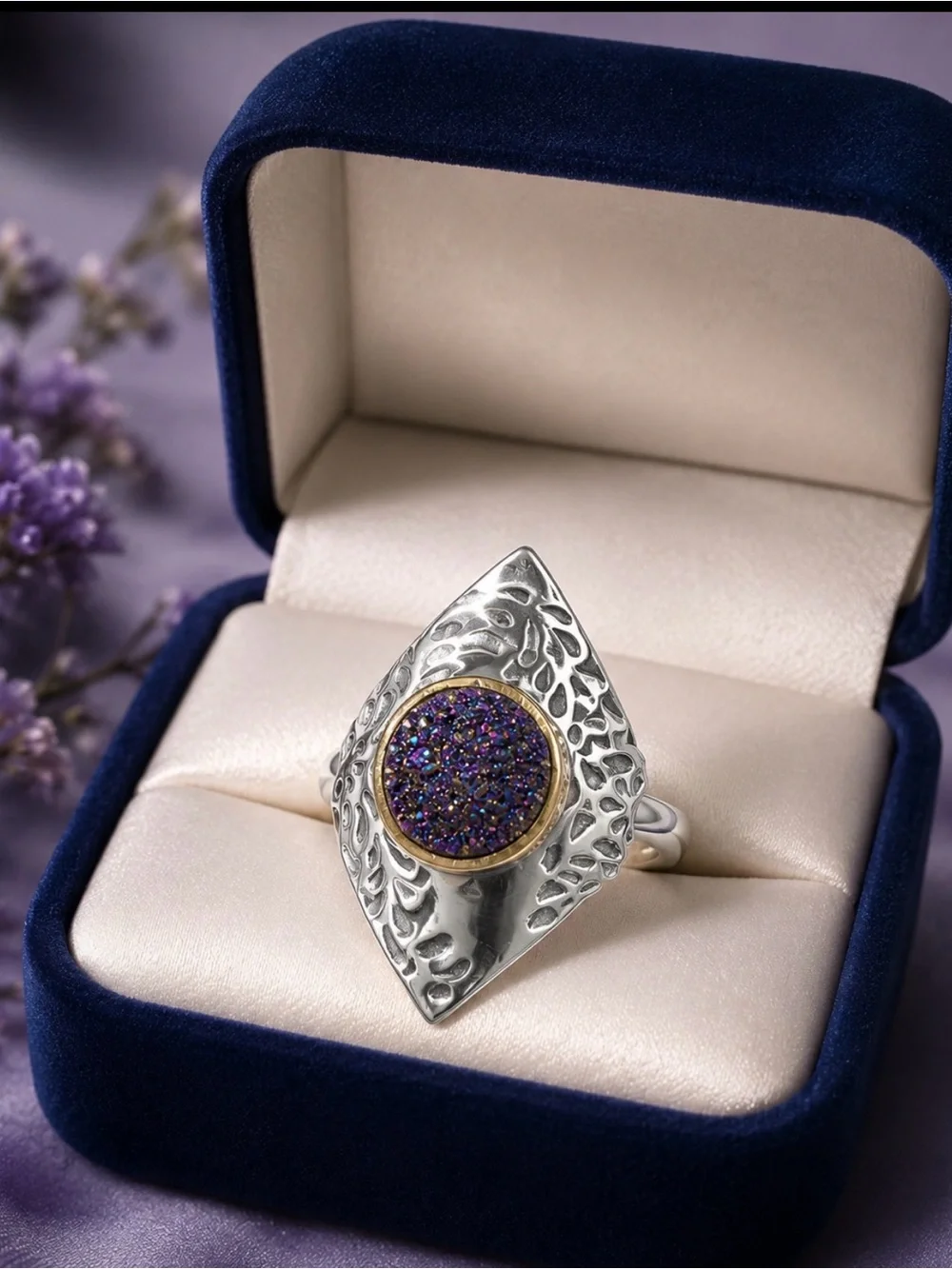 Ring Sterling Silver Filigree Marquis with Stunning Blue/Purple Druzy Gemstone